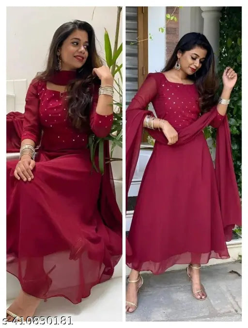 Maroon Georgette Embellished Net Gown, India-made heavy fox duppatta top