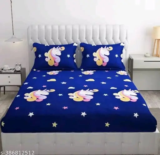 Elastic cotton unicorn double bedsheet with 2 pillow covers, superfine quality for summer use by adults. Made in India