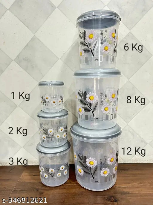 Uma Khodal 6-piece plastic container set, printed with a beautiful design, suitable for grocery storage, in various weights of 12kg, 8kg, 6kg, 3kg, 2kg and 1kg