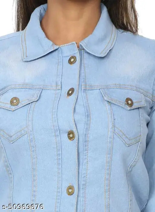 Light Blue Women's Denim Jacket, Self Design, Full Sleeve, Three-Quarter Sleeves, Solid Pattern, Size M, L, XL - Indian Denim Jacket for Casual & Office Wear
