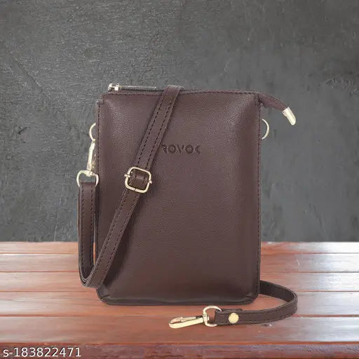 Brown leather sling bag with zip closure and adjustable strap