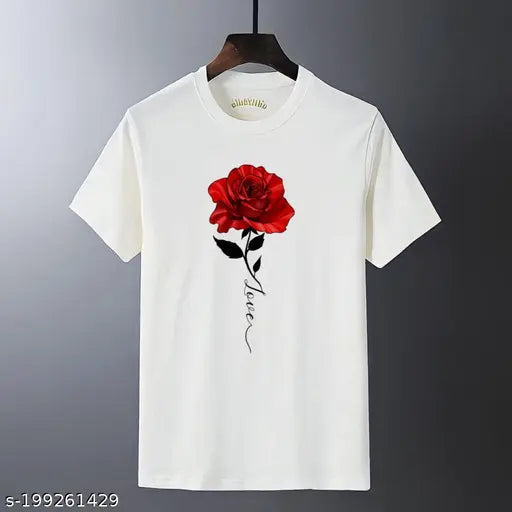 Red rose printed polyester t-shirt, short sleeves, vibrant and colorful design on a casual apparel