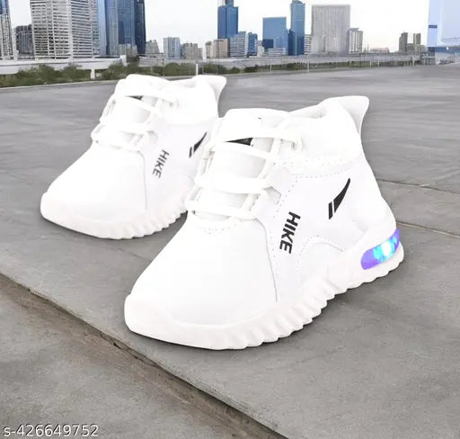 White kids' casual sneakers with LED lights and Velcro closure