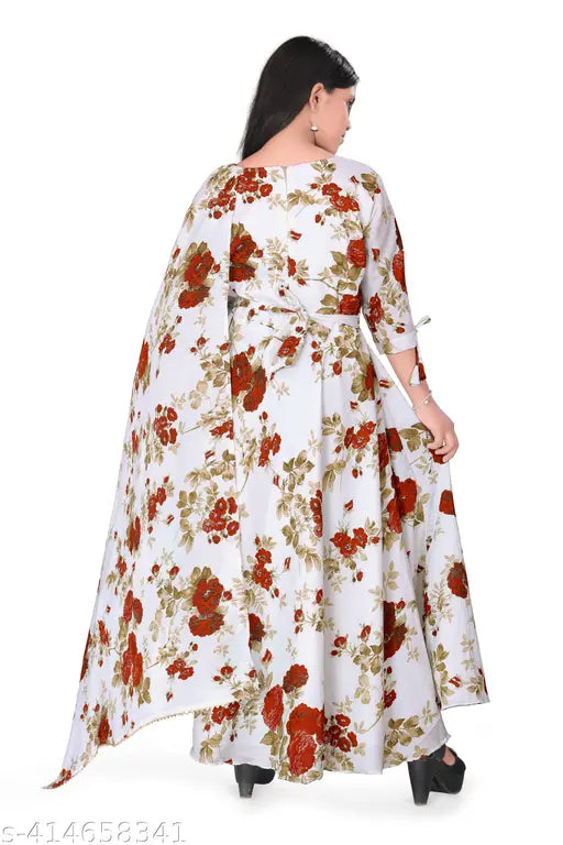 Wonderful floral patterned long dress with sleeves and long train, suitable for all ages from 56 to 1011 years