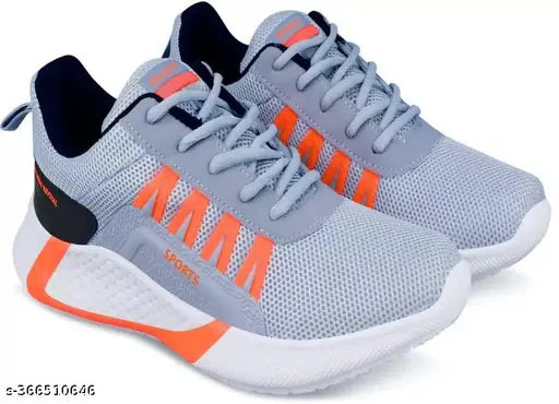 Grey athletic shoes with orange accents for kids and boys