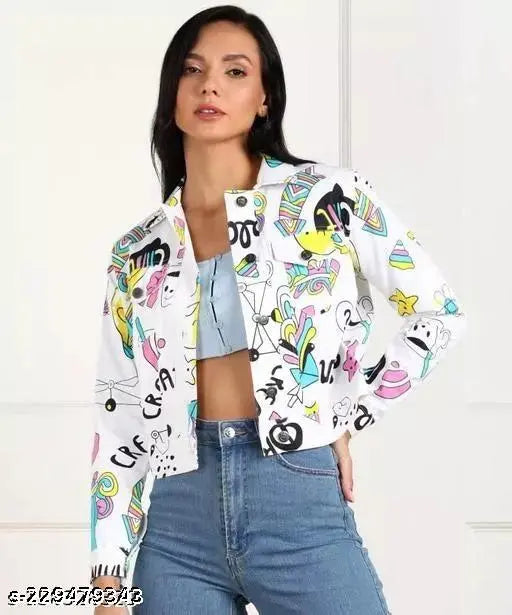 Multicolor cotton blend designer denim jacket for women, printed net pattern on long sleeves. Imported from India, perfect for any occasion