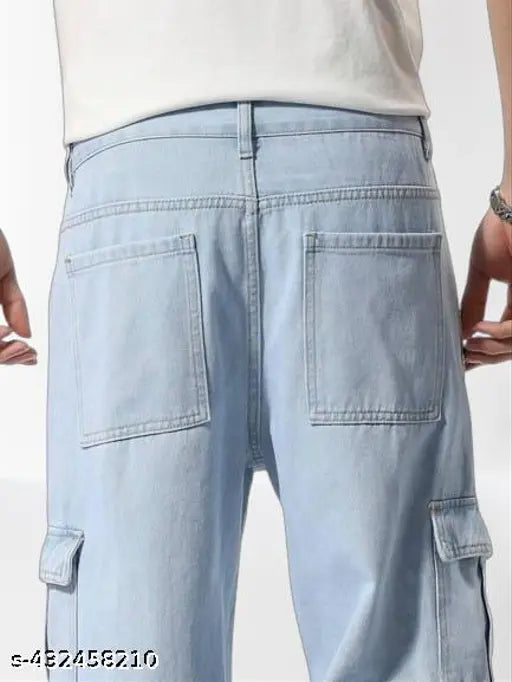 Men's oversized light blue denim cargo pants, solid pattern, size 28 (waist 29 in, length 40 in, hip 36 in), made in India