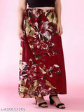 Maroon printed satin wrap maxi skirt for women, ideal for casual or formal events, easy to match with tops