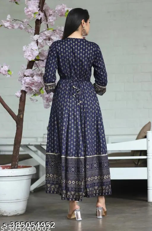 Rayon Anarkali Kurta, printed wedding wear from Jaipur, three-quarter sleeves on a bust size 38 in woman
