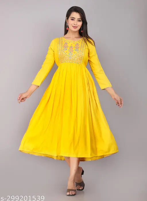 Yellow cotton anarkali kurta with embroidery details