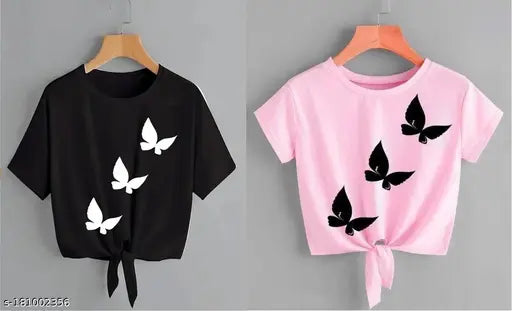 Women's polycotton butterfly printed short-sleeve T-shirt combo, vintage style