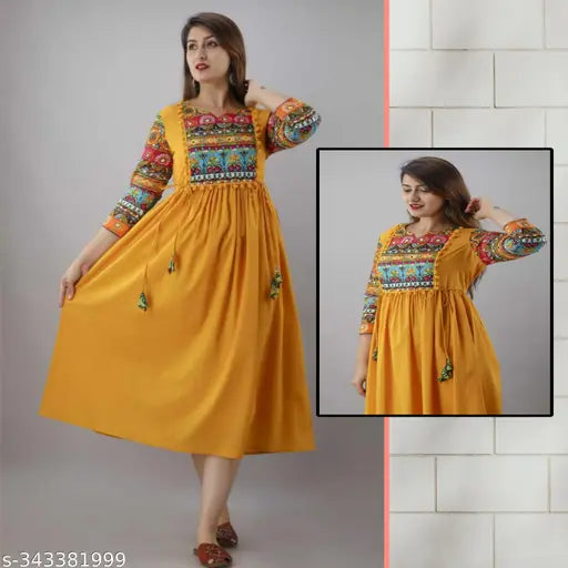Yellow rayon printed kameez with a line print design