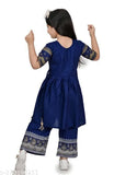 Navy blue Rayon anarkali palazzos, printed girls party wear with short sleeves - Lovely Fashion Nyra Cut for 2-3 years
