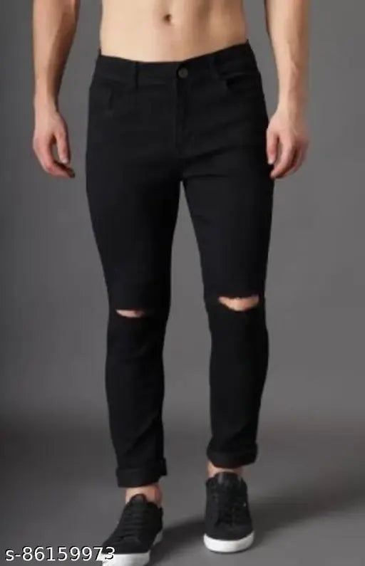 Stylish slim fit denim black knee-cut jeans for men, solid print, mid-rise with button and zip closure