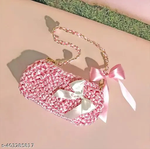 Handmade pink satin clutch with ribbon, exclusive design