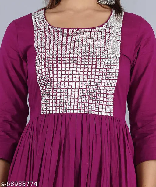 Purple mirror work cotton kurta pant set with short sleeves, perfect for festive occasions in India