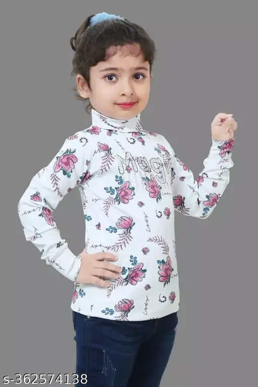 Acrylic pink rose print kids sweater, high neck, self-designed pattern. Girls sizes 2-10 years old, made in India