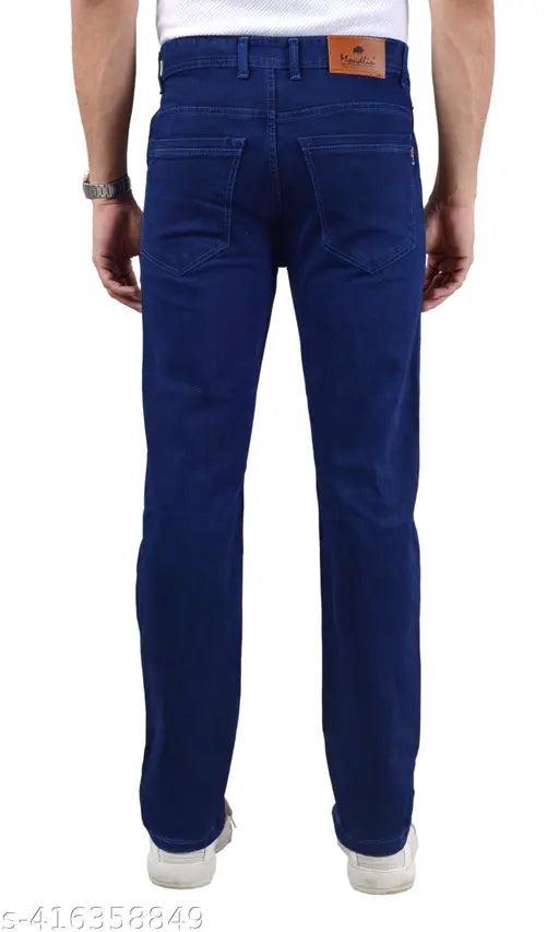 Dark blue stretchable denim jeans for men, classic and trendy with a solid pattern, made in India