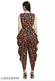 Sleeveless Dhoti Style Maxi Jumpsuit Owl Print Crepe Fabric, XS-XXL