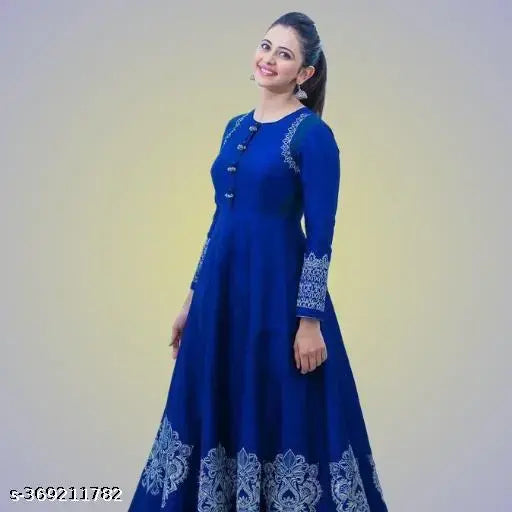 Royal blue rayon anarkali kurti with rakul printed combo, three-quarter sleeves, size S (36in bust, 50in length)