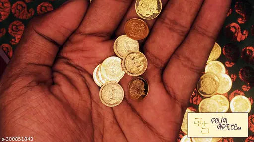 Brass Kuber idol & 108 gold-plated Lakshmi coins, Indian brass god statue & coins for pooja set