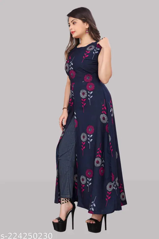 Printed Combo A-line kurta, sleeveless, 100% natural crepe fabric, front slit design for women's casual or party wear. Indian ethnic wear, apple cut calf length, available in sizes S-XXL