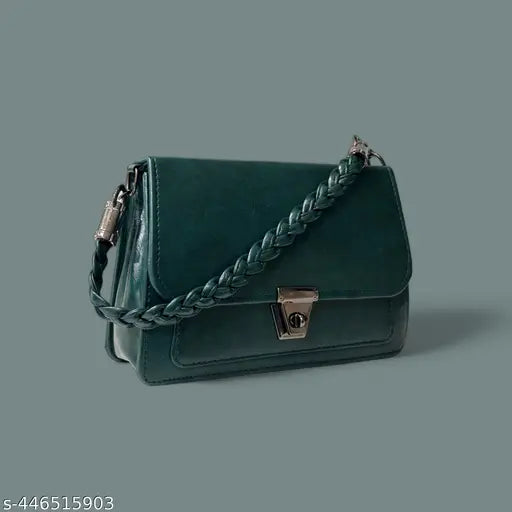 A green leather bag with a rope design strap