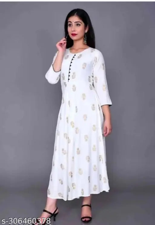 Rayon gold-print Anarkali Kurti, Indian three-quarter sleeve dress in rich colors