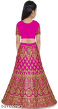 Traditional pink satin embroidered lehenga-choli, perfect for ethnic occasions. Short-sleeved blouse and net dupatta included." (108 characters)