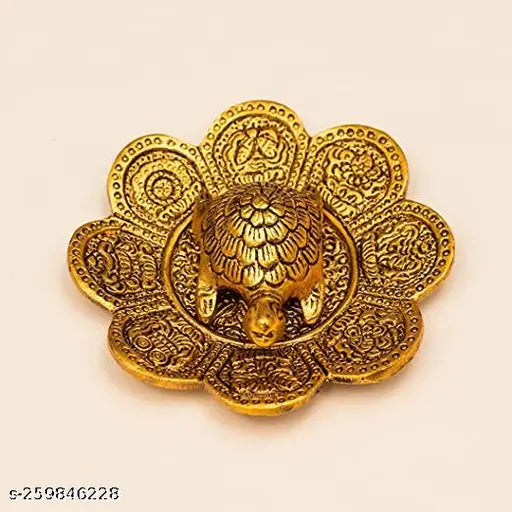 Metal gold tortoise flower plate decorative showpiece for home office, Vastu, temple, office, and gifting - luck, love, happiness, prosperity (35cm)
