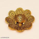 Metal gold tortoise flower plate decorative showpiece for home office, Vastu, temple, office, and gifting - luck, love, happiness, prosperity (35cm)
