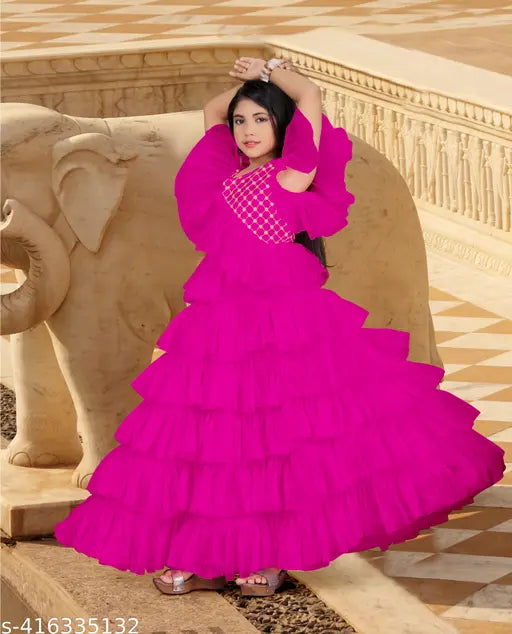 Kids net party gown with three-quarter sleeves, printed pattern, size 5-16 years, India origin
