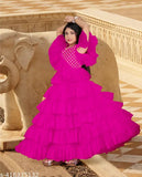 Kids net party gown with three-quarter sleeves, printed pattern, size 5-16 years, India origin