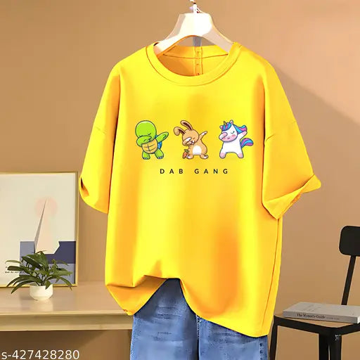 Yellow oversized loose fit baggy t-shirt, graphic design of cartoon dog and cat on front