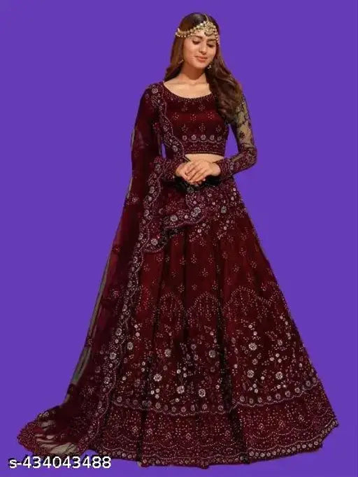 Veedhrumi embroidered net lehenga choli and dupatta for women, semi-stitched with 42 inch waist, 42 inch length, and 70 inch dupatta