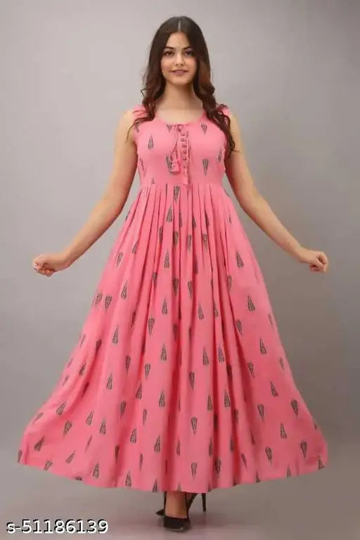 Pink rayon printed long kurti, cotton blend sleeveless, stunning traditional Indian wear