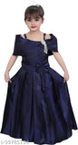 Solid net short sleeve gown dresses for kids, high quality silk blend fabric made in India