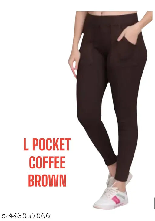 Coffee brown cotton women's pocket jeggings, high-waisted denim-like design for versatile comfort and style