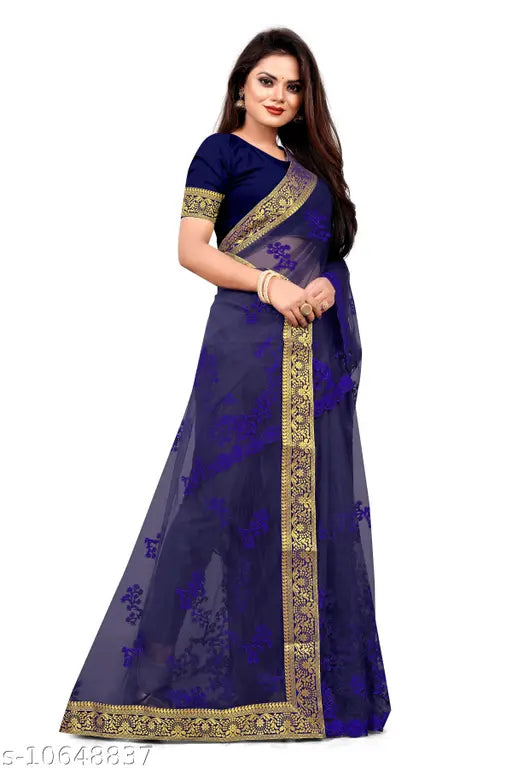 Embroidered net saree in free size, 6.3m length, Indian-made Myra attractive women's saree on display