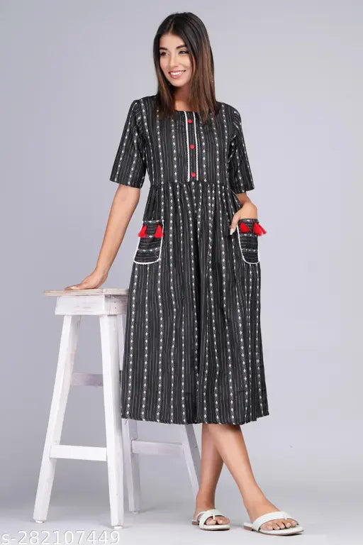 Cotton dobby pleated pocket kurtis - Indian fashion, printed combo, short sleeves