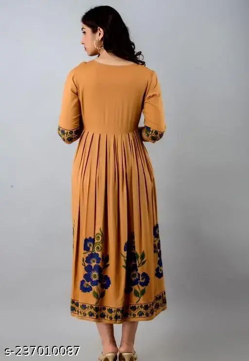Viscose rayon printed long flared Anarkali kurtis, beautiful and versatile women's fashion with hand block work and pom pom buttons, Indian-made