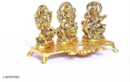 Gold-plated Laxmi Ganesh Saraswati Idol Set with Diya, Indian decorative showpiece (14 cm)