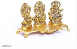 Gold-plated Laxmi Ganesh Saraswati Idol Set with Diya, Indian decorative showpiece (14 cm)