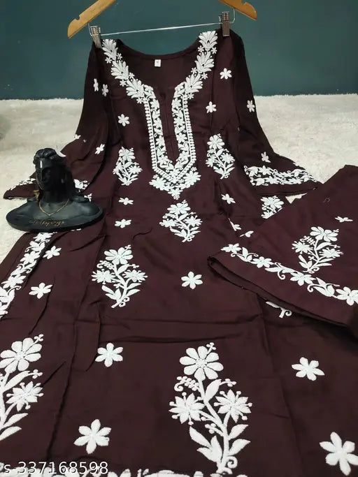 Festive rayon kurta with embroidered palazzo, round neck and three-quarter sleeves, Chikankari work - India