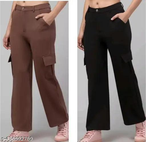 Brown cotton women's wide leg trousers with zip closure