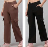 Brown cotton women's wide leg trousers with zip closure