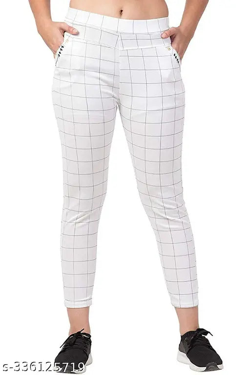 Stylish brown, white, and marron Lycra checkered jeggings combo pack for women elevating workwear with sophistication and functionality