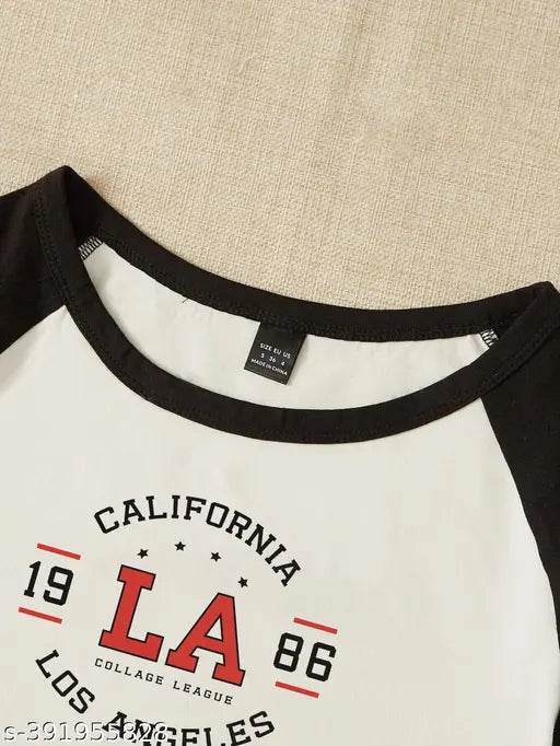 Cotton Raglan La California short sleeves printed t-shirt, casual Cali vibe on busty model