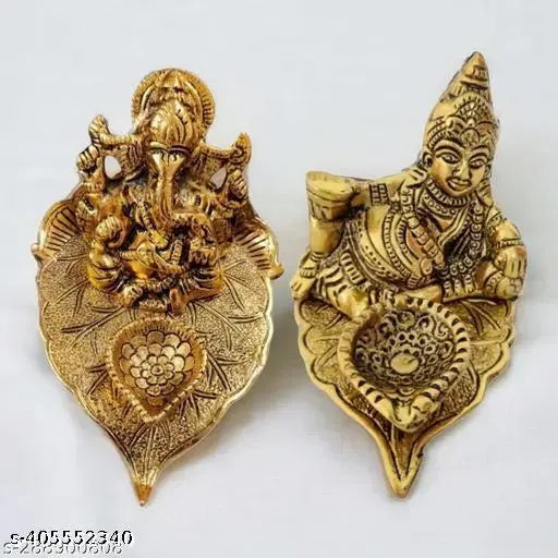 Metal Kubera Deepam with Ganesh deepak, temple decor, Pooja article style. Two decorative Indian god idols, 5cm x 6cm x 9cm each