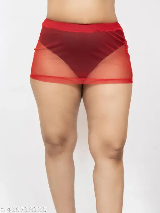 Red net micro bodycon sheer skirt for girls and women, perfect for summer style and pairing with crop tops. Sizes range from 24 to 36 inches hip size. Made in India
